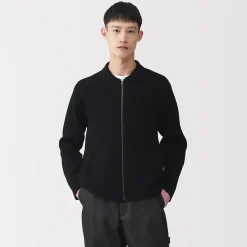 Hot Muji Cardigan zippé à col en maille côtelée Milano de coton pour homme