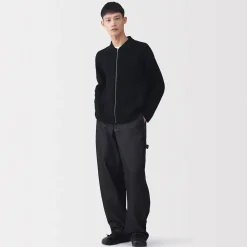 Hot Muji Cardigan zippé à col en maille côtelée Milano de coton pour homme