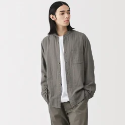 Sale Muji Chemise à col mao en double gaze de kapok mélangé pour homme