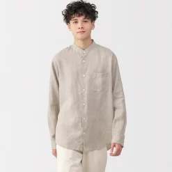 Muji Chemise à col mao en lin lavé pour homme