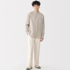 Muji Chemise à col mao en lin lavé pour homme