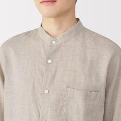Muji Chemise à col mao en lin lavé pour homme