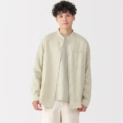 Muji Chemise à col mao en lin lavé pour homme