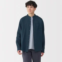 Muji Chemise à col mao en lin lavé pour homme