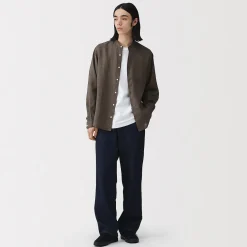 Muji Chemise à col mao en lin lavé pour homme