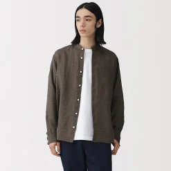 Muji Chemise à col mao en lin lavé pour homme