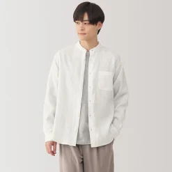Muji Chemise à col mao en lin lavé pour homme