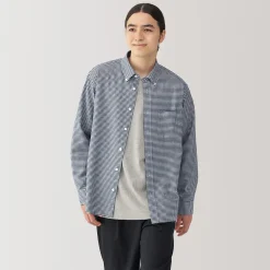 Best Muji Chemise Oxford en coton lavé pour homme Carreaux Bleu Marine Foncé