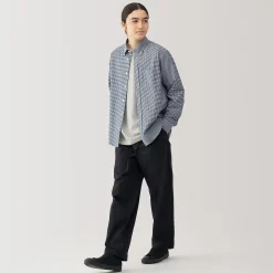 Best Muji Chemise Oxford en coton lavé pour homme Carreaux Bleu Marine Foncé