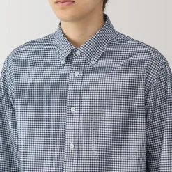 Best Muji Chemise Oxford en coton lavé pour homme Carreaux Bleu Marine Foncé