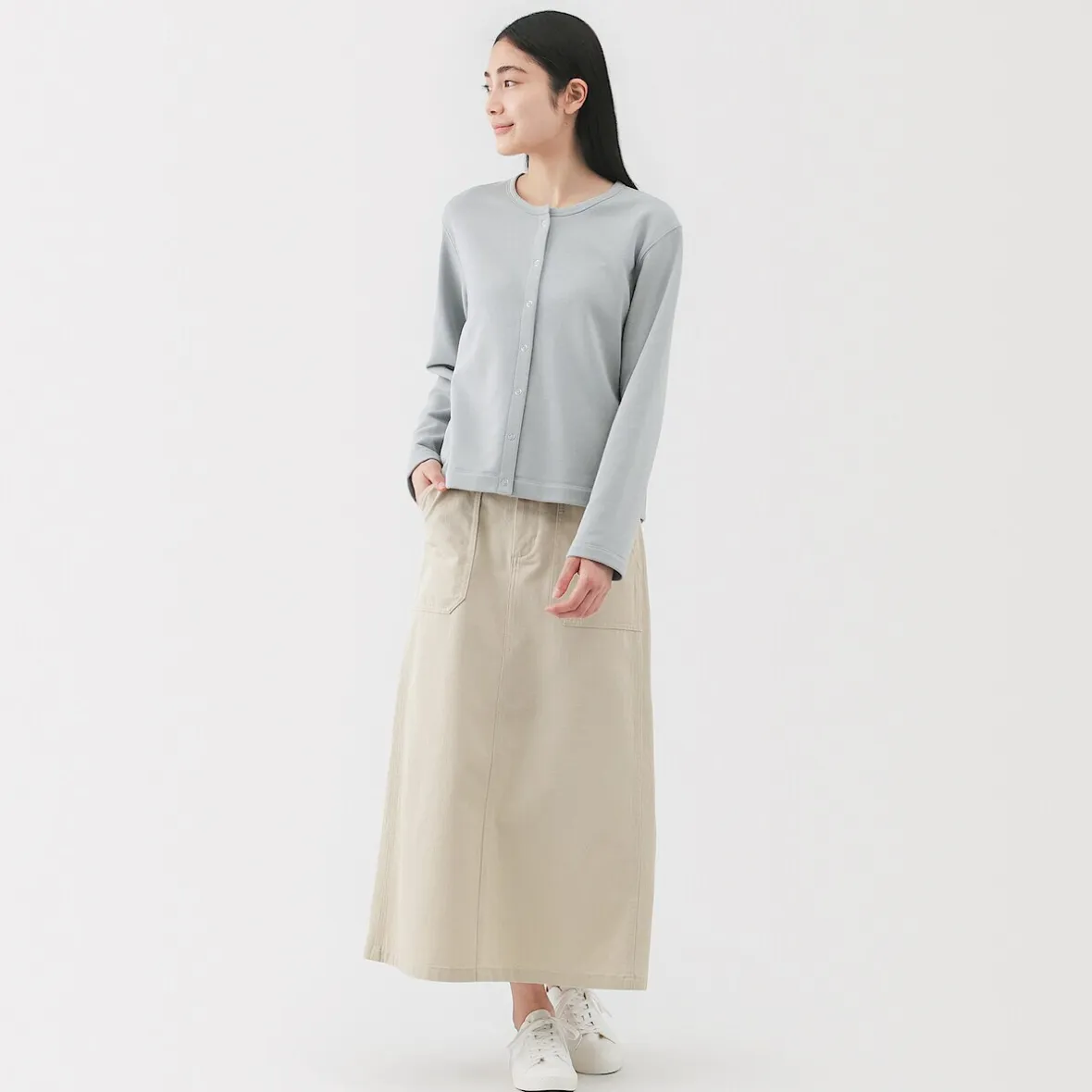 Sale Muji Jupe midi coupe droite avec motif de chevrons et en coton pour femme