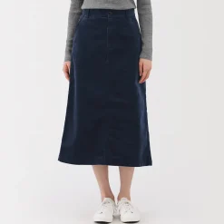 Sale Muji Jupe midi taille haute en velours côtelé extensible pour femme