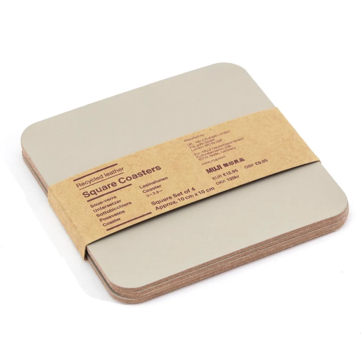 Muji Lot de 4 dessous de verre rectangulaires en cuir recyclé, Gris Cendré