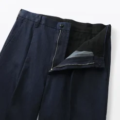 Muji Pantalon Chino Indigo à pinces en coton stretch coupe wide homme Bleu marine foncé
