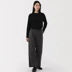 New Muji Pantalon chino long à pinces en coton coupe large pour femme
