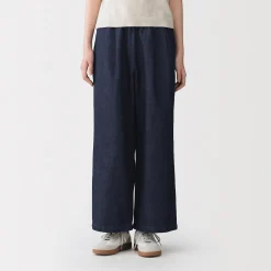 Sale Muji Pantalon large en mélange lin-denim pour femme Bleu Marine Foncé
