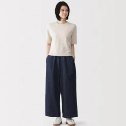 Sale Muji Pantalon large en mélange lin-denim pour femme Bleu Marine Foncé
