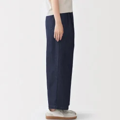 Sale Muji Pantalon large en mélange lin-denim pour femme Bleu Marine Foncé
