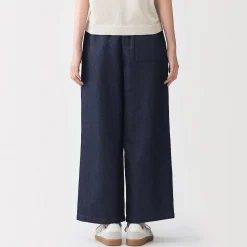 Sale Muji Pantalon large en mélange lin-denim pour femme Bleu Marine Foncé