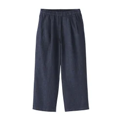 Sale Muji Pantalon large en mélange lin-denim pour femme Bleu Marine Foncé