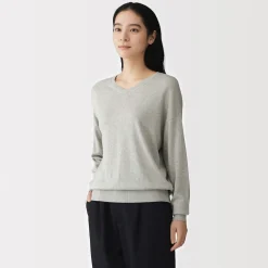 New Muji Pull à col en V en mélange de fibres de soja pour femme