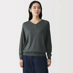 New Muji Pull à col en V en mélange de fibres de soja pour femme