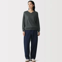 New Muji Pull à col en V en mélange de fibres de soja pour femme
