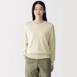 New Muji Pull à col en V en mélange de fibres de soja pour femme