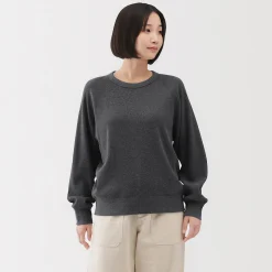 New Muji Pull à col rond en coton biologique tricoté gaufré pour femme
