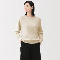 New Muji Pull à col rond en coton biologique tricoté gaufré pour femme