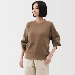 New Muji Pull à col rond en coton biologique tricoté gaufré pour femme