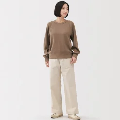 New Muji Pull à col rond en coton biologique tricoté gaufré pour femme