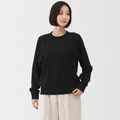 New Muji Pull à col rond en coton biologique tricoté gaufré pour femme