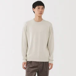 New Muji Pull à col rond en laine tricot fin pour homme Ivoire