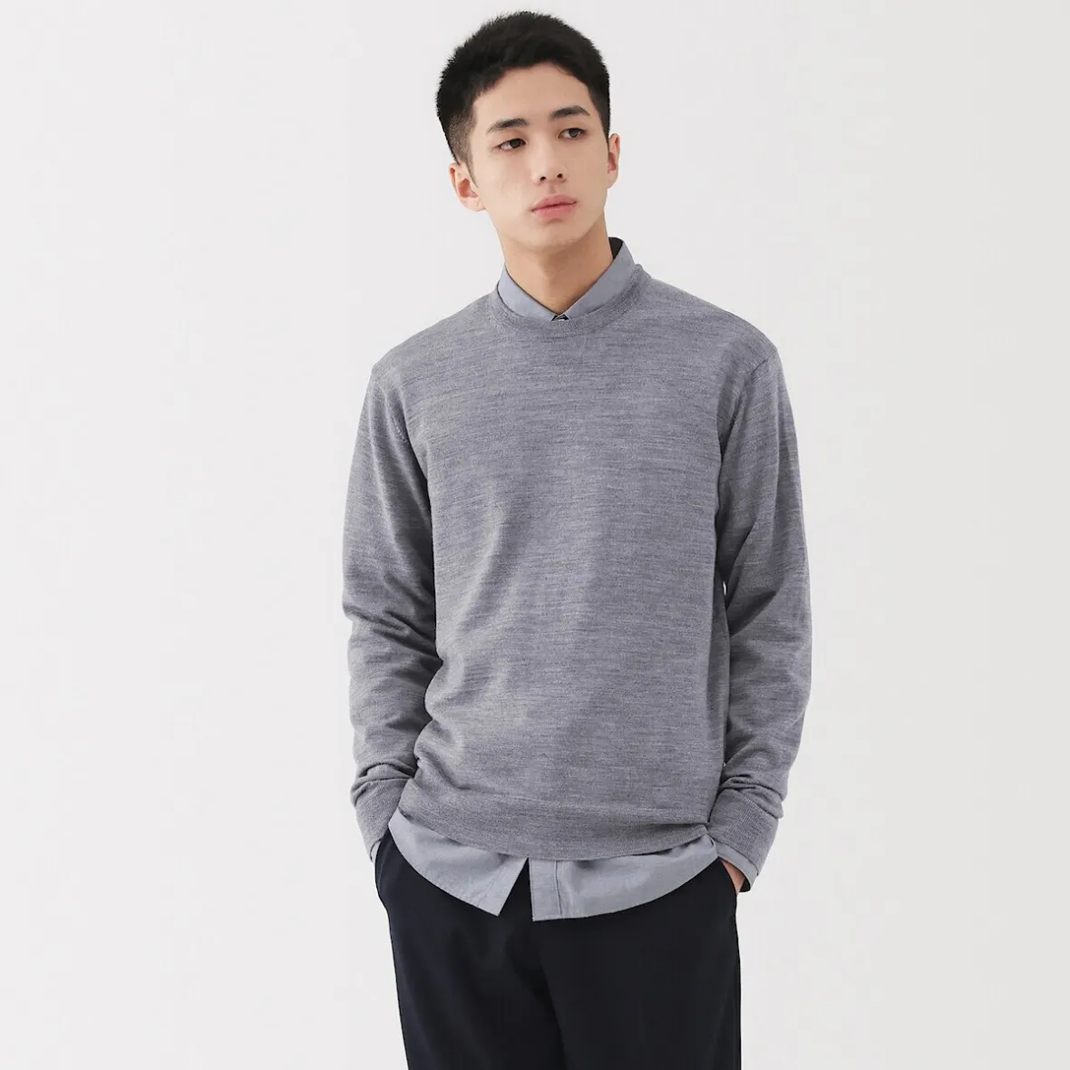 Clearance Muji Pull à col rond en laine tricot fin pour homme