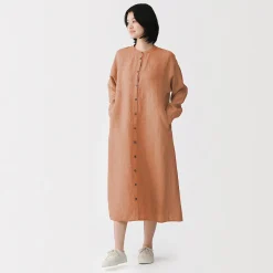 Best Muji Robe-chemise à col officier en lin lavé pour femme