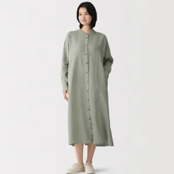 Best Muji Robe-chemise à col officier en lin lavé pour femme