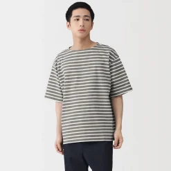 Muji T-shirt à col bateau en coton épais délavé pour homme
