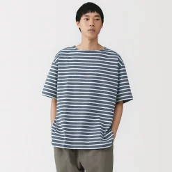 Muji T-shirt à col bateau en coton épais délavé pour homme