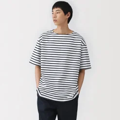 Muji T-shirt à col bateau en coton épais délavé pour homme