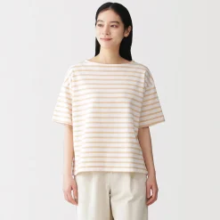 Outlet Muji T-shirt à manches mi-longues et col bateau en coton épais pour femme