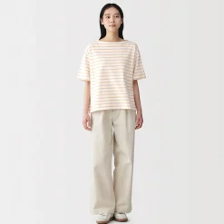 Outlet Muji T-shirt à manches mi-longues et col bateau en coton épais pour femme