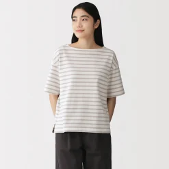 Outlet Muji T-shirt à manches mi-longues et col bateau en coton épais pour femme