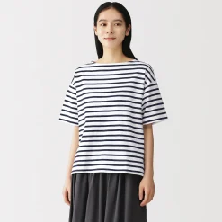 Outlet Muji T-shirt à manches mi-longues et col bateau en coton épais pour femme