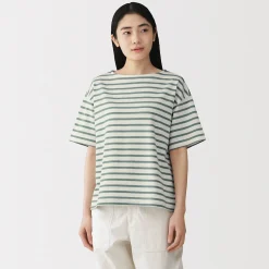 Outlet Muji T-shirt à manches mi-longues et col bateau en coton épais pour femme