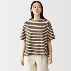 Outlet Muji T-shirt à manches mi-longues et col bateau en coton épais pour femme