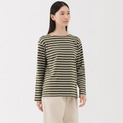 Muji T‐shirt en coton épais manches longues col bateau pour femme