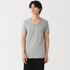 Hot Muji T-shirt en coton recyclé sans coutures latérales à col en V - lot de 2, pour homme Gris Chiné