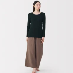 Hot Muji T‐shirt manches longues col rond en coton chaud pour femme